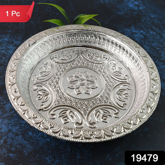 Elegant silver tone plastic pooja thali ideal for traditional rituals and aarti