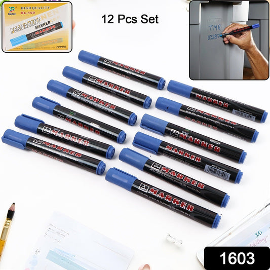 Close-up of permanent blue marker pens in a 12-pack set