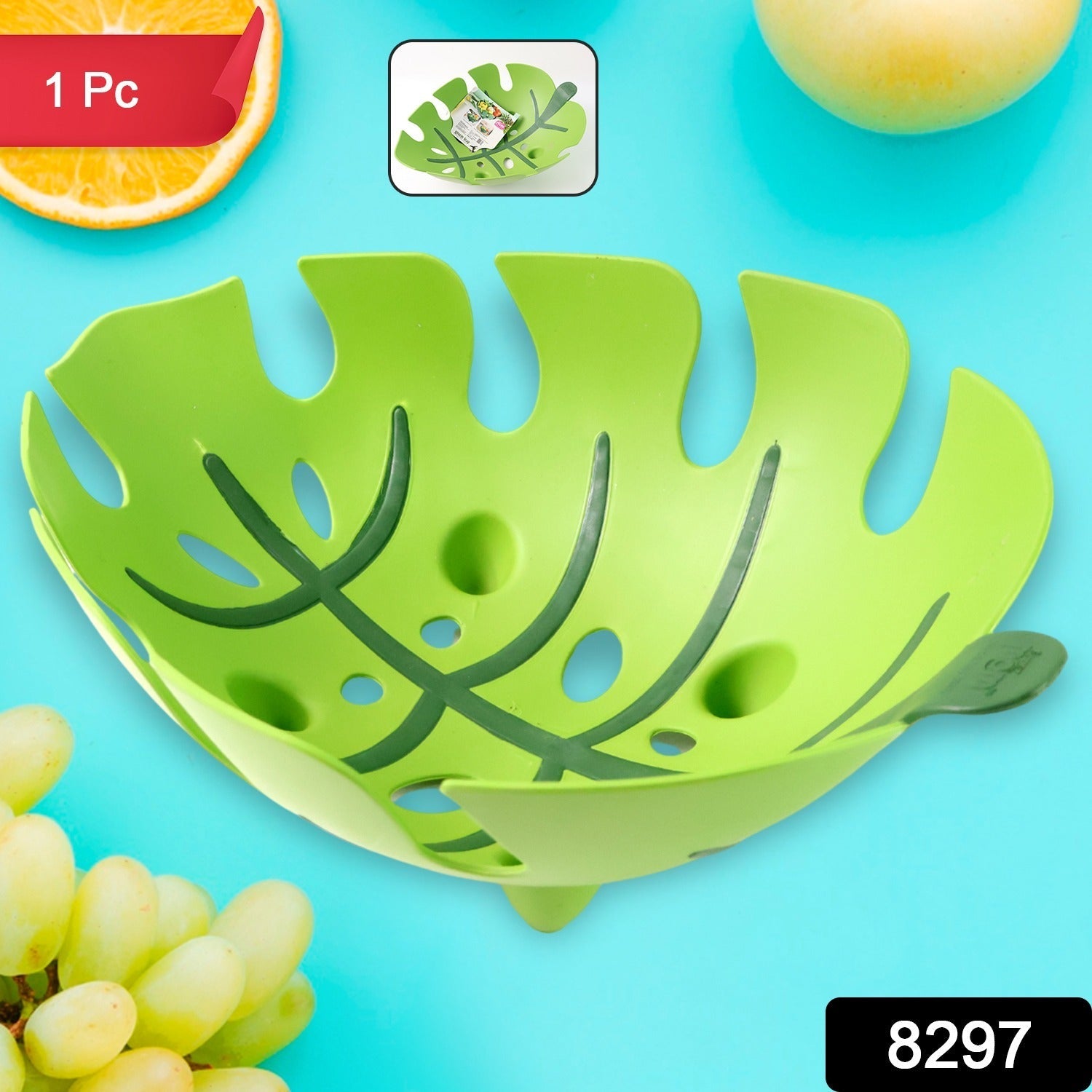 Green plastic fruit basket ideal for kitchen storage of fruits and vegetables