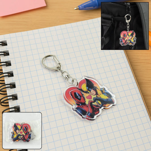 Acrylic cartoon character keychain featuring two characters with metal hook attachment