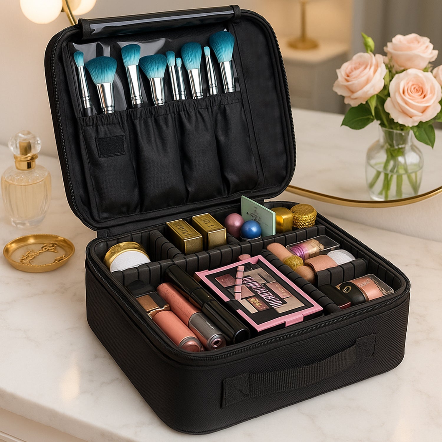 Closed LED makeup storage box with illuminated touch sensor mirror